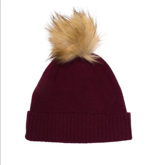 Nordstrom Faux Fur Cashmere Pompom Beanie, Burgundy, 100% Cashmere, NWT - Picture 2 of 12